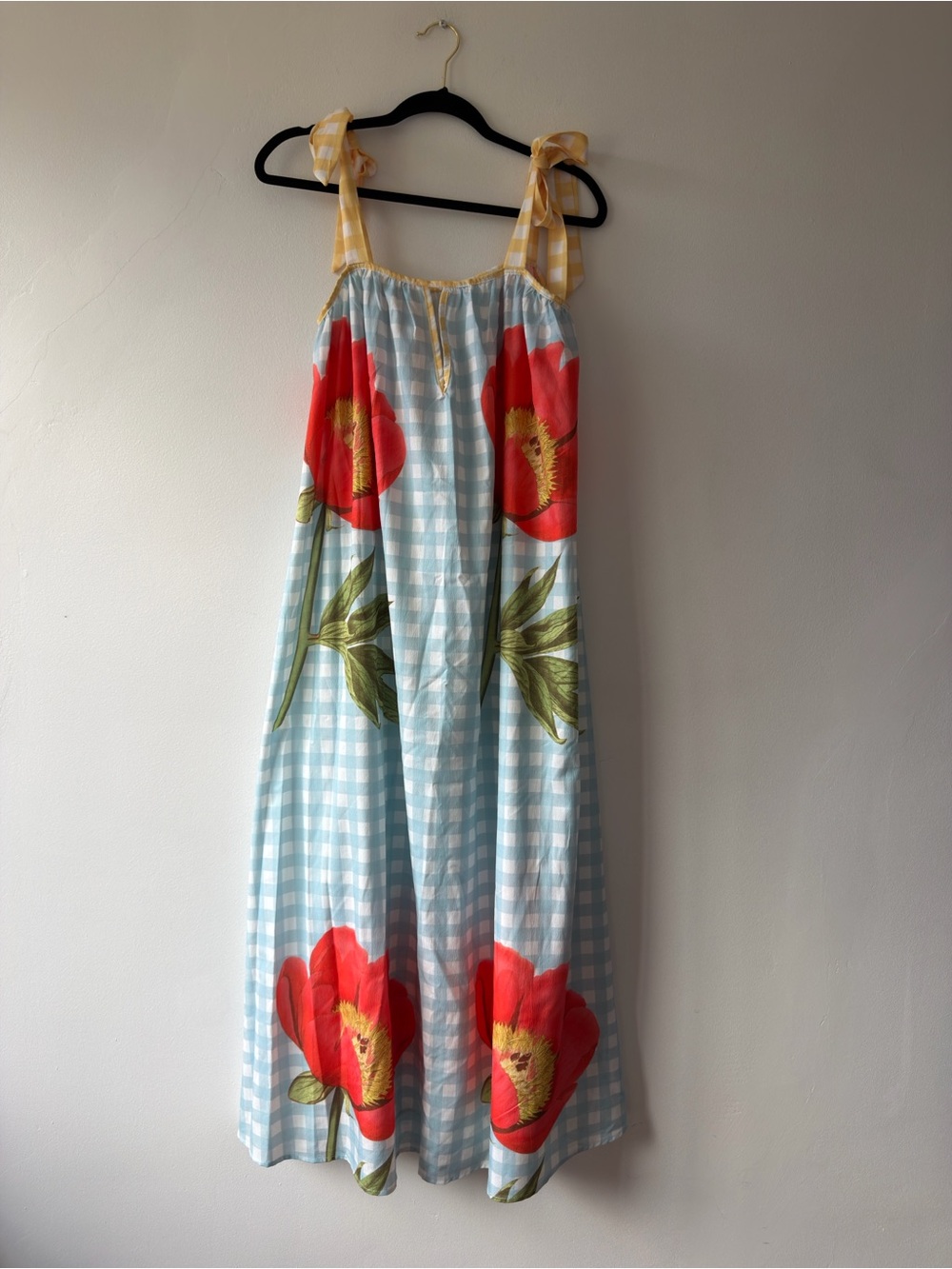 Maxi Blue Gingham Dress with Red Floral Print and Yellow Tie Straps Size Small